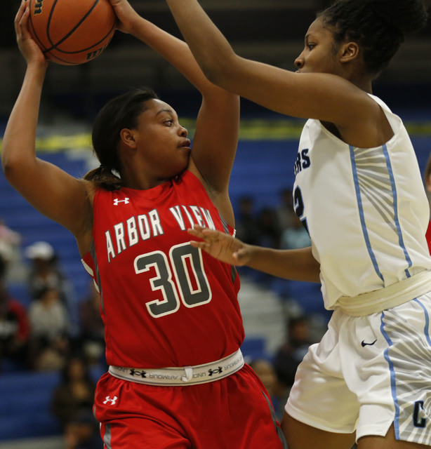 Arbor View’s Autumn Westmoreland (30) keeps a ball away from Canyon Springs’ Yak ...