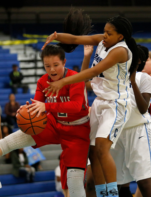 Arbor View’s Kalli Hosier, left, keeps a ball away from Canyon Springs’ LeAsiani ...