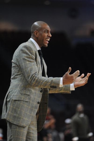 Findlay Prep head coach Jerome Williams argues a call during their game against Prime Prep o ...