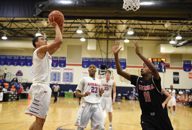 Bishop Gorman’s Richie Thornton (2) shoots the ball over Corona Centennial’s Jor ...