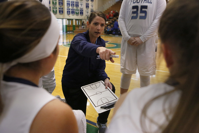 Foothill’s head-coach Laura Allen gestures towards a player during a timeout during a ...