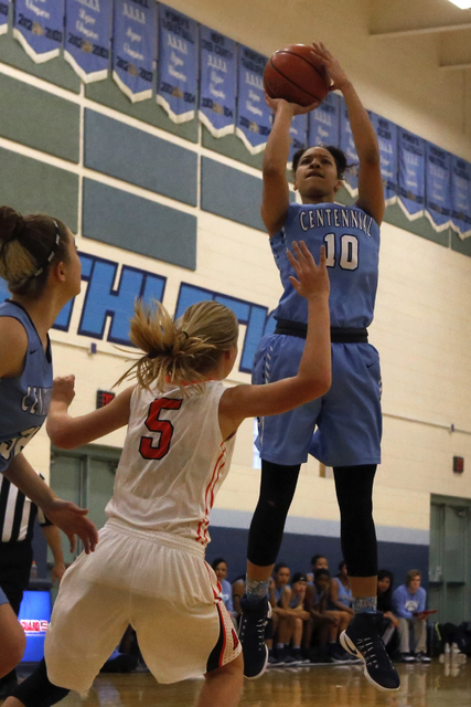 Centennial’s Jayden Eggleston (10) shoots during a high school basketball game at the ...