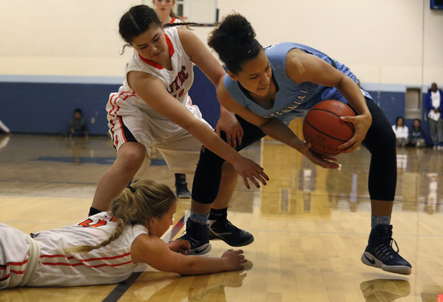 Centennial’s Jayden Eggleston (10) grabs a loose ball during a high school basketball ...