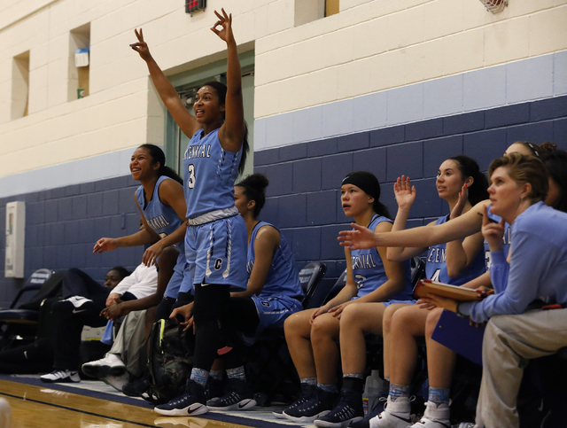 Centennial’s players react during a high school basketball game at the Las Vegas Holi ...