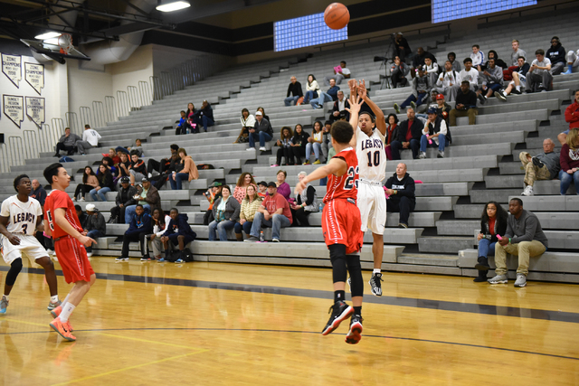 Legacy’s Jalen Glover (10) shoots the ball over LaSalle’s Johnny Knox (23) on Sa ...