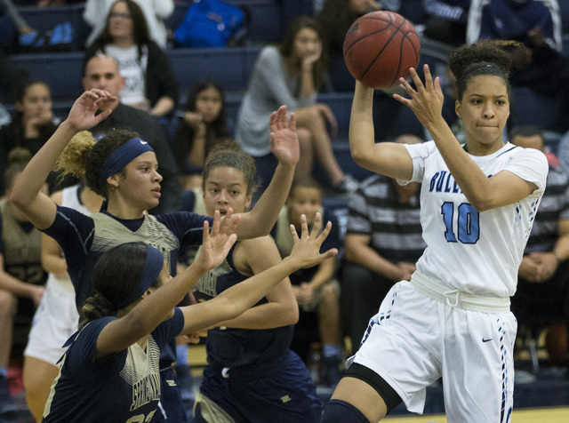 Centennial’s Jayden Eggleston (10) looks for a pass under pressure against Spring Vall ...