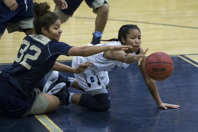 Centennial’s Aja Phoumiphat (15) and Spring Valley’s Lynnae Wilds (32) dive for ...