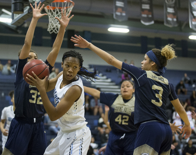 Centennial’s Daejah Phillips (23) looks for an open pass against Spring Valley in the ...