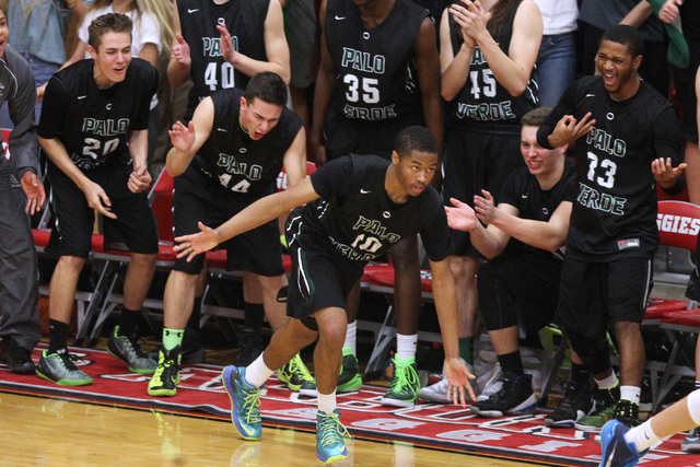 The Palo Verde bench and Ja Morgan celebrate Morgan’s 3-point shot against Centennial ...