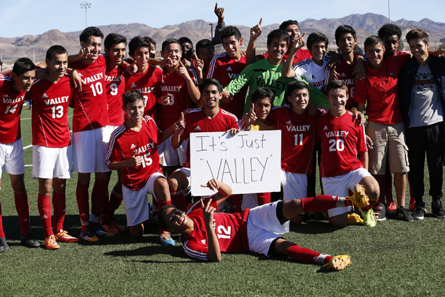 Valley High School’s Boys Varsity Soccer Team poses for the camera after beating Footh ...