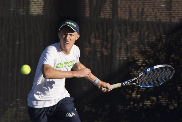 Green Valley’s Ben Lieberman plays a tennis game against Green Valley’s Brandon ...