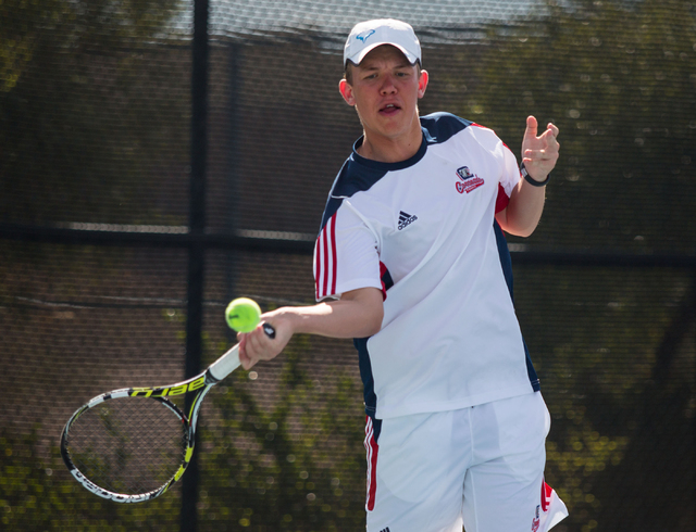 Coronado’s Sam Grant hits a forehand in the Sunrise Region boys team championship at D ...