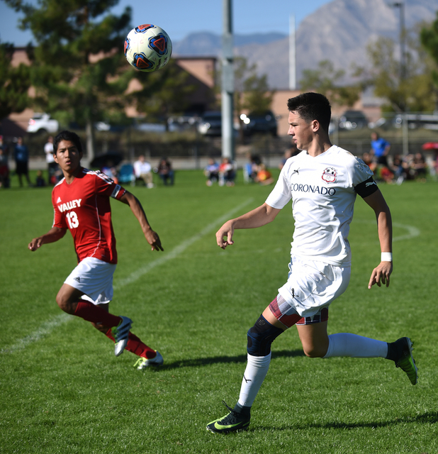 Coronado’s Preston Judd (10) kicks the ball against Valley during the Sunrise region b ...