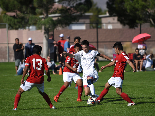 Coronado’s Preston Judd (10) battles for the ball against Valley during the Sunrise re ...