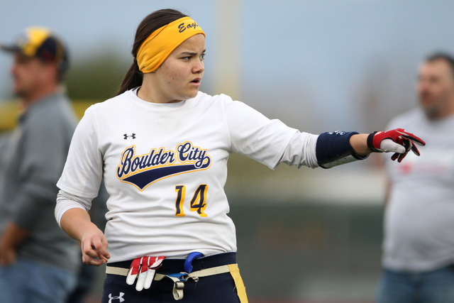 Boulder City Jeanne Carmell (14) gestures to her teammate on the sideline before their flag ...