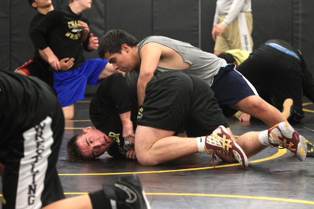 Clark wrestler Jacob Chaparian works out with Damian Garavito in practice on Tuesday. Chapar ...