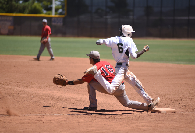 Las Vegas Cats Antonio Gaxiola (16) catches the ball at first for an out against Summerlin P ...