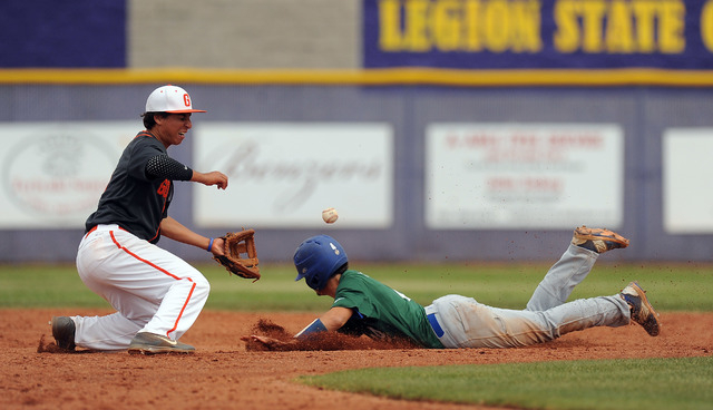 Bishop Gorman second baseman Antonio Rainone fields an off-target throw as Green Valley base ...