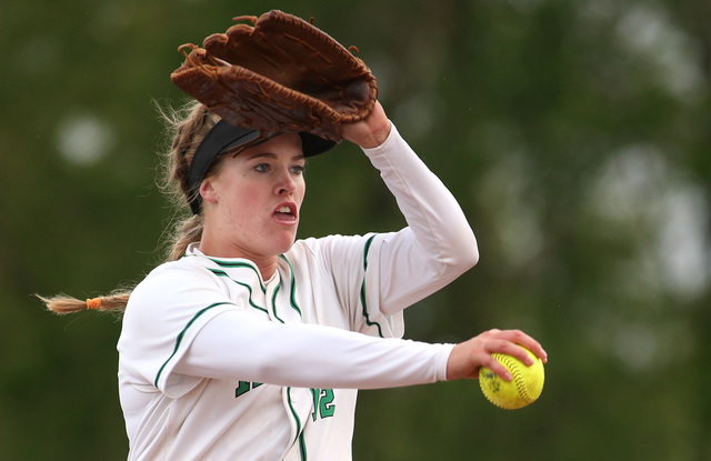 Ranchoճ Sam Pochop pitches against Reed during NIAA Division I softball action at UNR in Re ...