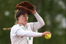 Rancho’s Sam Pochop pitches against Reed during NIAA DI softball action at UNR in Reno ...