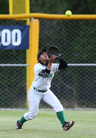 Rancho’s Sammi Llamas makes a catch against Reed during NIAA DI softball action at UNR ...