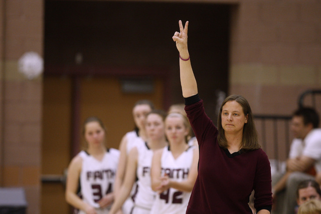 Faith Lutheran head coach Jennifer Karner calls a play during their game against Spring Vall ...