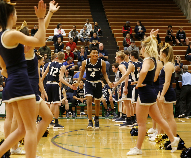 Foothill’s Mauricio Smith (4) is introduced before a high school basketball game at Gr ...