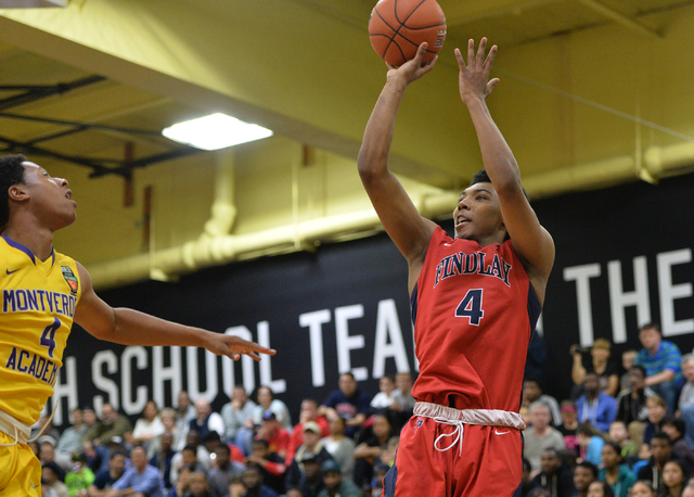 Findlay Prep Pilots senior Allonzo Trier (4) shoots the ball over Montverde Academy Eagles s ...