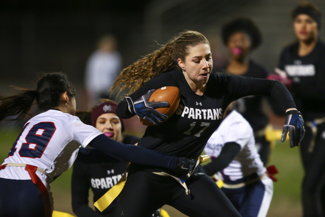 Cimarron-Memorial’s Alyssa Karpinski (17) evades Coronado’s Sofia Herrera (19) d ...