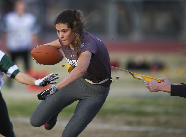 Cimarron-Memorial’s Haylie Hughes (18) is tagged by Palo Verde during the Sunset Regi ...