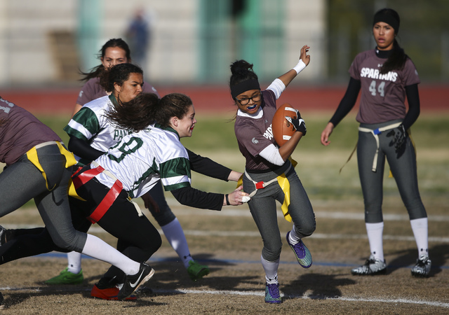 Cimarron-Memorial’s Catherine Jovan (2) is tagged by Palo Verde’s Grace Cashin ( ...