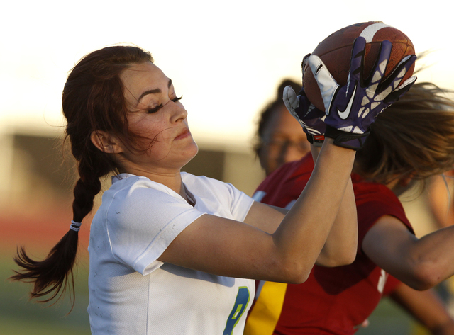 Green Valley’s Jackie Cook catches a touchdown pass in the Clark County School Distric ...