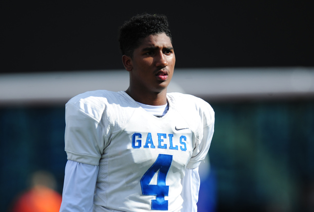 Bishop Gorman cornerback Alex Perry looks on during practice at Bishop Gorman High School in ...