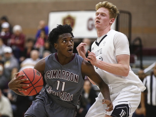 Cimarron-Memorial guard Ja’Don Brown (11) drives past Faith Lutheran’s Elijah Ko ...