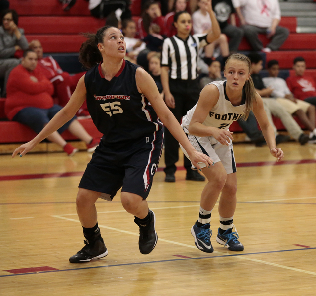 Coronado senior Kayla Watterson (55), left, and Foothill senior Mikayla Yeakel (2) wait for ...