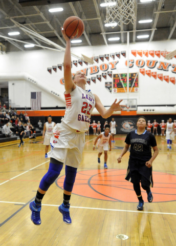 Bishop Gorman forward Megan Jacobs (23) scores on a layup against Foothill in the second qua ...