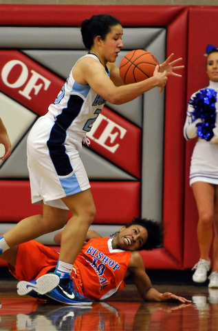 Centennial’s Karina Brandon, left, grabs the ball against Bishop Gorman’s Alaysi ...