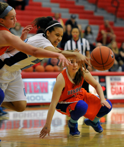 Centennial’s Jayden Eggleston, center, reaches out for the ball against Bishop Gorman& ...