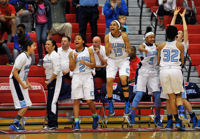 Centennial’s bench cheers during the Sunset Region girls basketball championship game ...