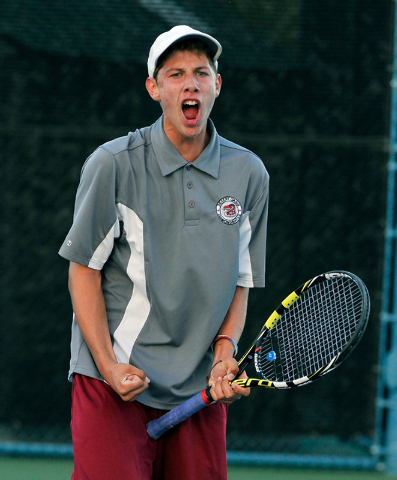 Desert Oasis’ Ben Gajardo reacts after winning a point against Palo Verde’s Rhet ...