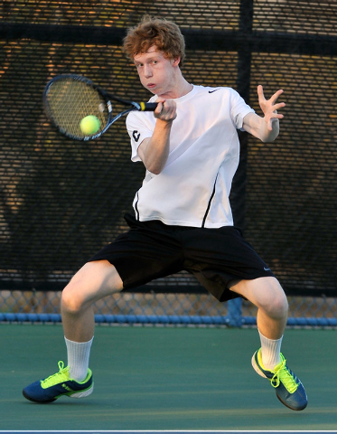 Palo Verde’s Rhett Bossung returns the ball against Desert Oasis’ Ben Gajardo du ...