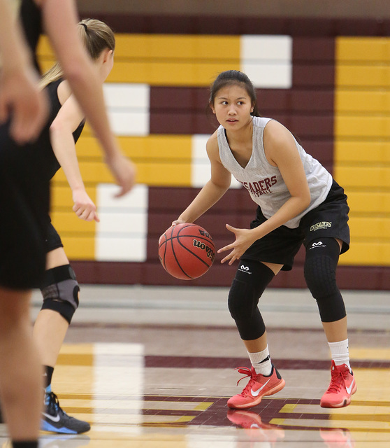 Faith Lutheran’s Madison Bocobo looks for help during the team’s practice, Monda ...