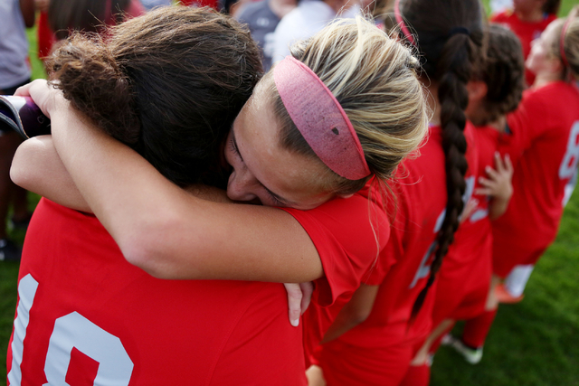 Arbor View celebrate their victory against Palo Verde at the Bettye Wilson Soccer Complex du ...