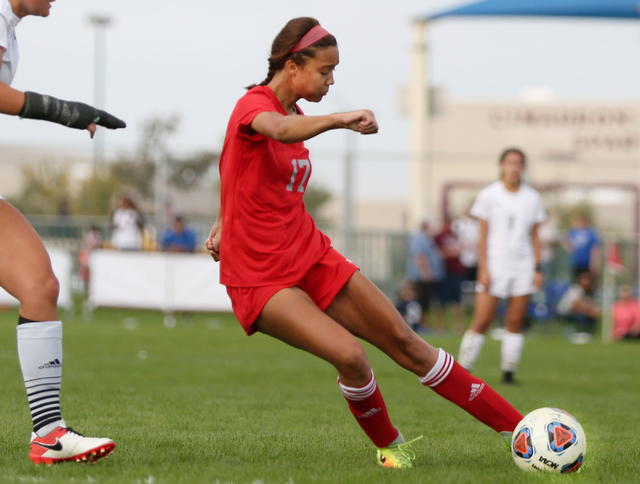 Arbor View’s Deja Erickson (17) Kicks the ball against Palo Verde at the Bettye Wilson ...