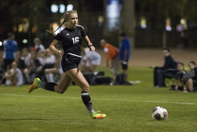 Macee Barlow (16) from Palo Verde High School runs after the ball during the Sunset Region g ...