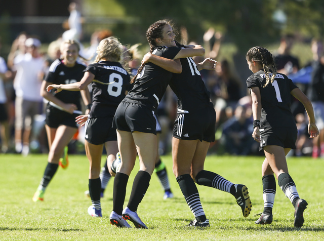 Palo Verde players celebrate after scoring against Arbor View during the Sunset Region girls ...