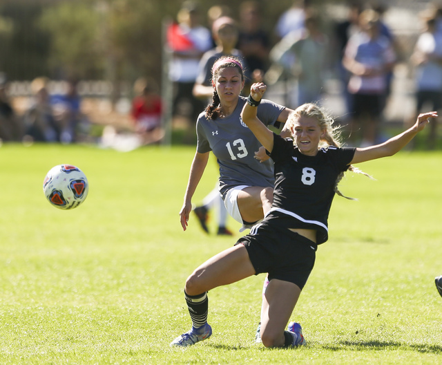 Palo Verde’s Alexis Lloyd kicks the ball against Arbor View during the Sunset Region g ...