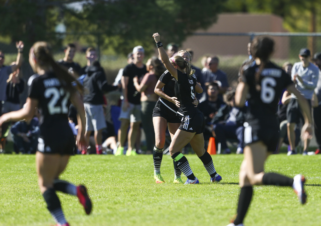 Palo Verde players celebrate after scoring against Arbor View during the Sunset Region girls ...