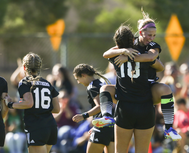 Palo Verde players celebrate after scoring against Arbor View during the Sunset Region girls ...