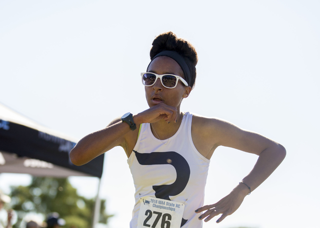 Samantha King-Shaw, Reed High School, crosses the finish line of the 3.1 mile in the 2016 NI ...